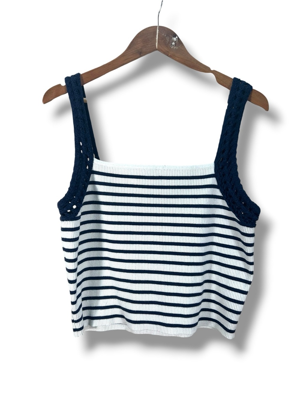 Aerie Navy Blue And White Striped Crochet Strap Ribbed Boxy Tank Top Size XL